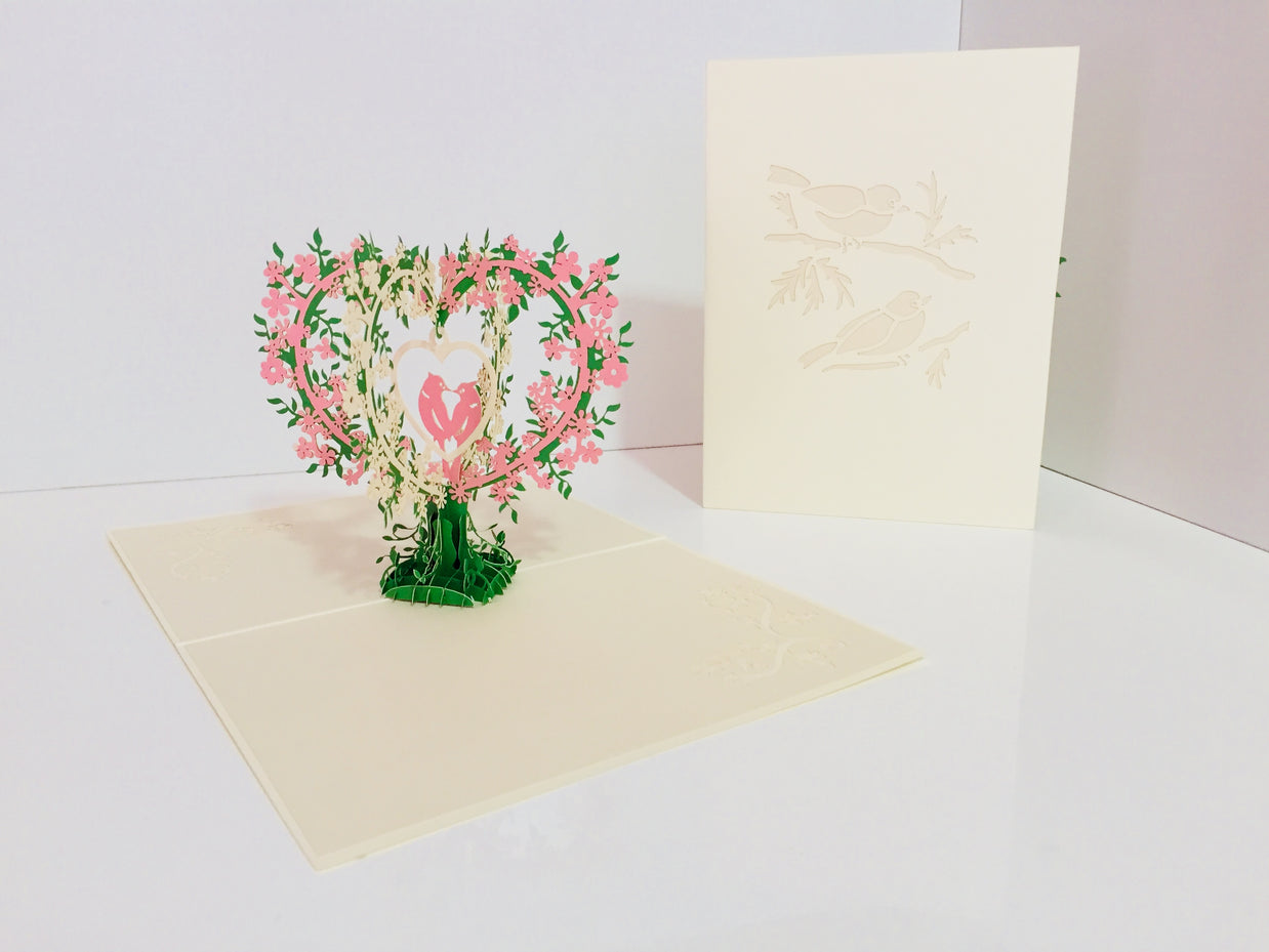 White & Pink Lovebird - Tree of Love Heart Origami Pop Cards 3D Pop Up Greeting Card Happy Birthday Thank You Handmade Best Wishes Blank Card for Any Occasion Happy Mother's Day Happy Father's Day Celebrate the Beauty Of Nature
