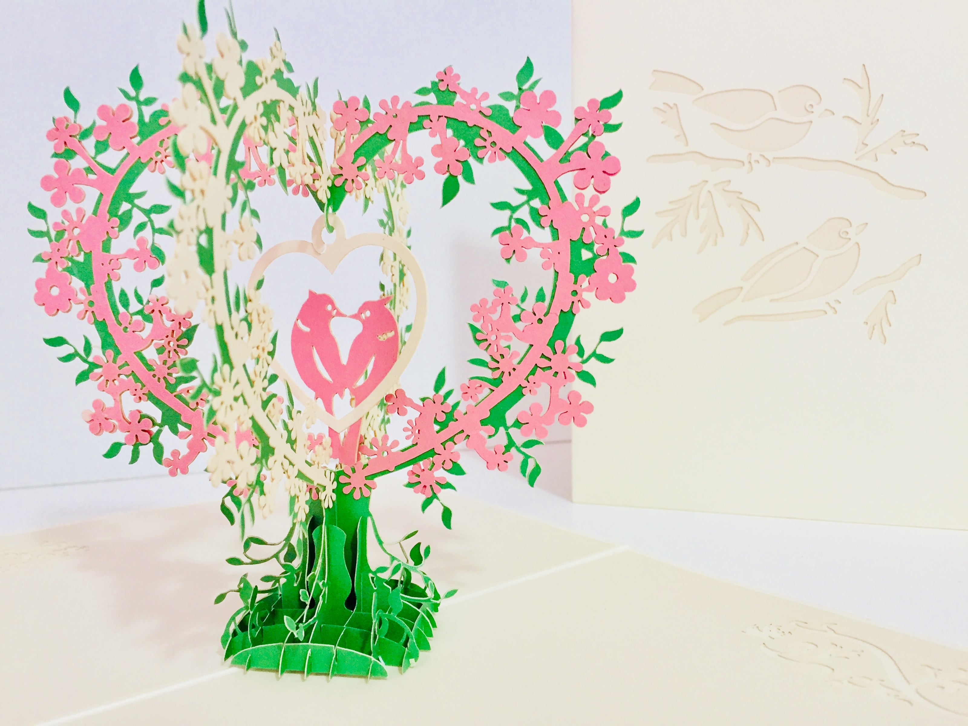 White & Pink Lovebird - Tree of Love Heart Origami Pop Cards 3D Pop Up Greeting Card Happy Birthday Thank You Handmade Best Wishes Blank Card for Any Occasion Happy Mother's Day Happy Father's Day Celebrate the Beauty Of Nature