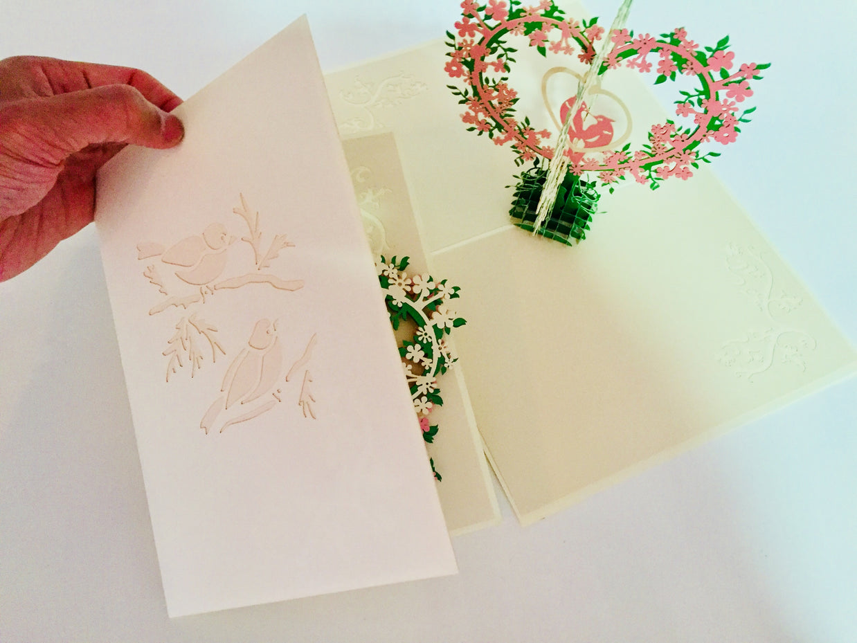 White & Pink Lovebird - Tree of Love Heart Origami Pop Cards 3D Pop Up Greeting Card Happy Birthday Thank You Handmade Best Wishes Blank Card for Any Occasion Happy Mother's Day Happy Father's Day Celebrate the Beauty Of Nature