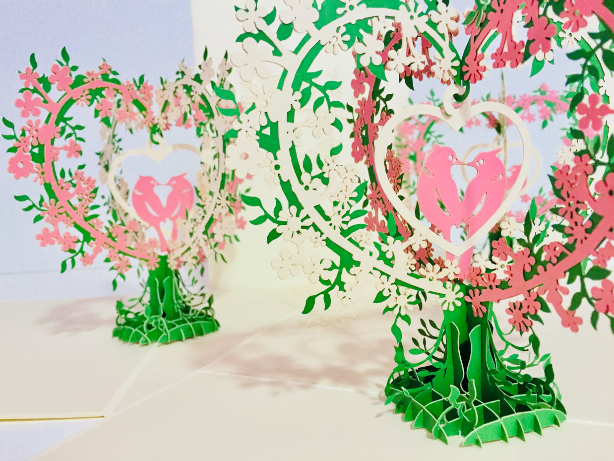 White & Pink Lovebird - Tree of Love Heart Origami Pop Cards 3D Pop Up Greeting Card Happy Birthday Thank You Handmade Best Wishes Blank Card for Any Occasion Happy Mother's Day Happy Father's Day Celebrate the Beauty Of Nature