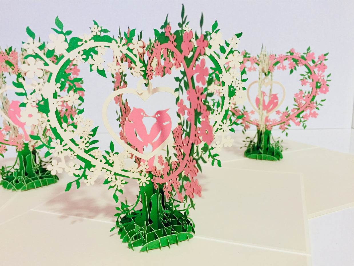 White & Pink Lovebird - Tree of Love Heart Origami Pop Cards 3D Pop Up Greeting Card Happy Birthday Thank You Handmade Best Wishes Blank Card for Any Occasion Happy Mother's Day Happy Father's Day Celebrate the Beauty Of Nature