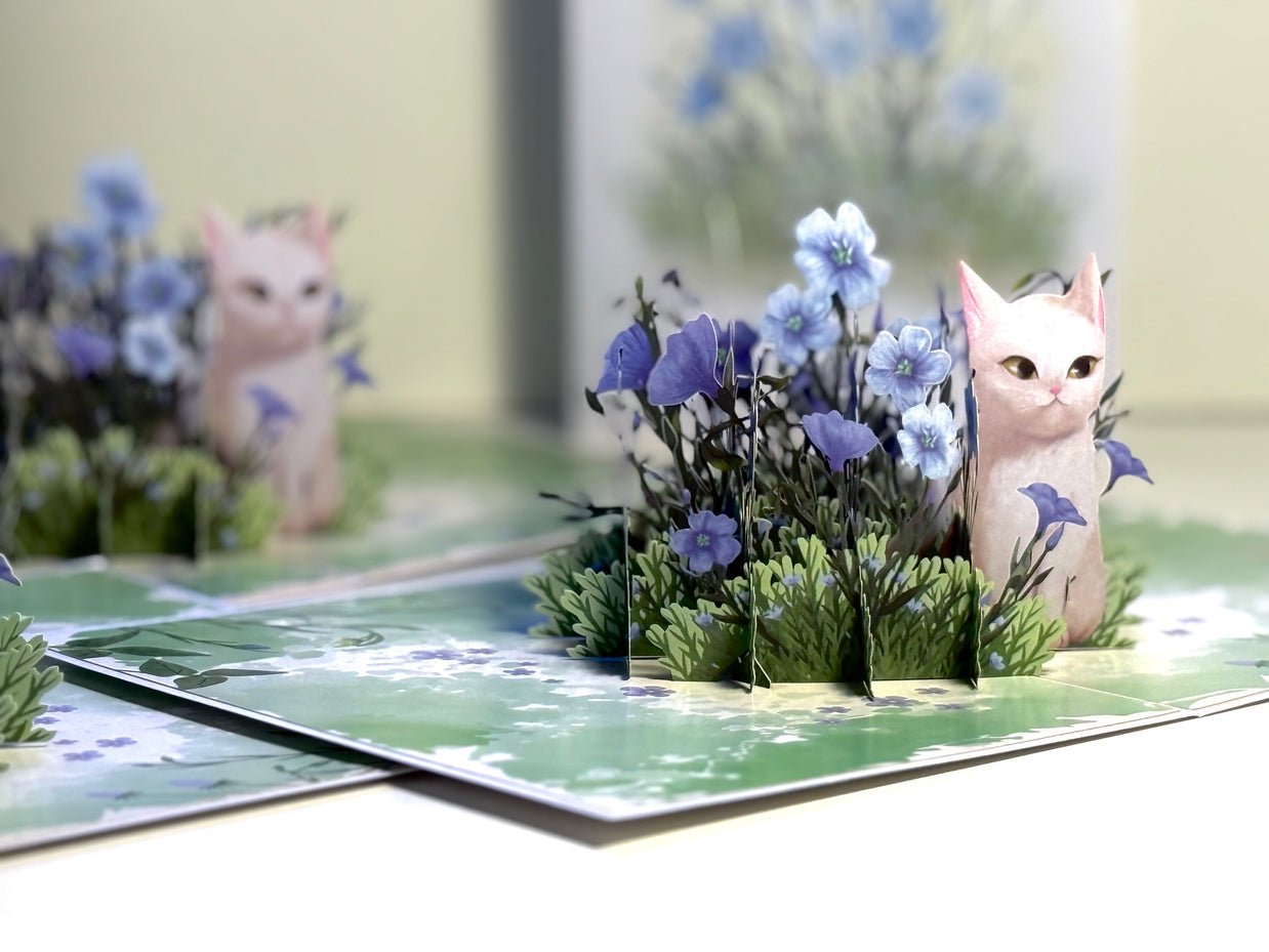 Wild Blue Flax Flower Garden with a White Cat Origami Pop Cards 3D Pop Up Greeting Card Best Wishes Happy Birthday Gift Thank You Handmade Best Wishes Blank Card for Any Occasion Happy Mother's Day Happy Father's Day Celebrate the Beauty Of Nature