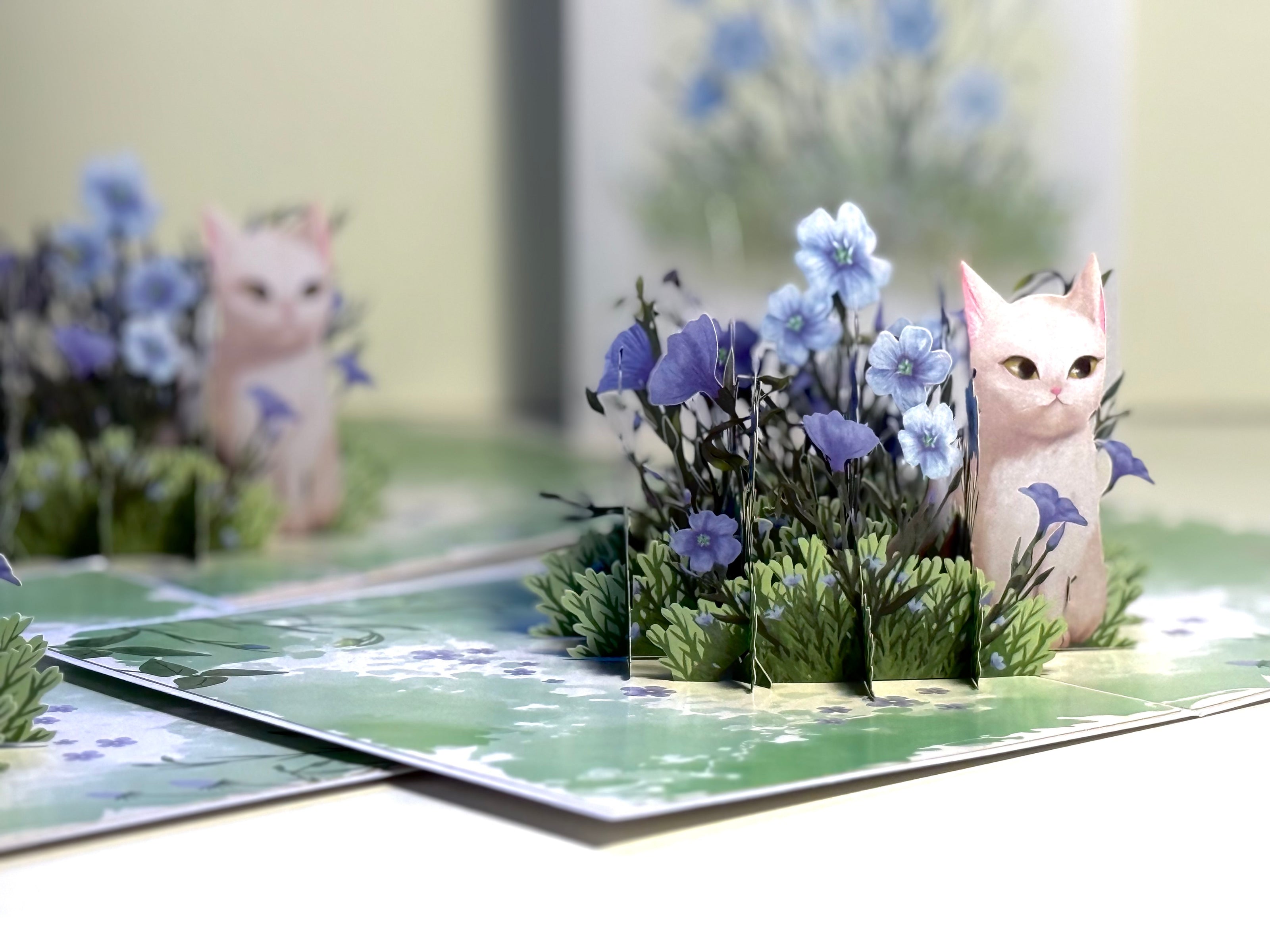 Wild Blue Flax Flower Garden with a White Cat Origami Pop Cards 3D Pop Up Greeting Card Best Wishes Happy Birthday Gift Thank You Handmade Best Wishes Blank Card for Any Occasion Happy Mother's Day Happy Father's Day Celebrate the Beauty Of Nature