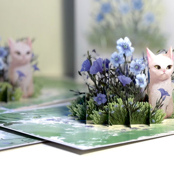Wild Blue Flax Flower Garden with a White Cat Origami Pop Cards 3D Pop Up Greeting Card Best Wishes Happy Birthday Gift Thank You Handmade Best Wishes Blank Card for Any Occasion Happy Mother's Day Happy Father's Day Celebrate the Beauty Of Nature