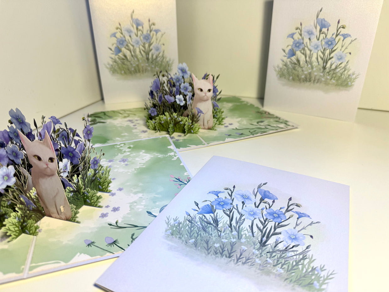 Wild Blue Flax Flower Garden with a White Cat Origami Pop Cards 3D Pop Up Greeting Card Best Wishes Happy Birthday Gift Thank You Handmade Best Wishes Blank Card for Any Occasion Happy Mother's Day Happy Father's Day Celebrate the Beauty Of Nature
