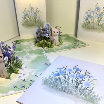 Wild Blue Flax Flower Garden with a White Cat Origami Pop Cards 3D Pop Up Greeting Card Best Wishes Happy Birthday Gift Thank You Handmade Best Wishes Blank Card for Any Occasion Happy Mother's Day Happy Father's Day Celebrate the Beauty Of Nature