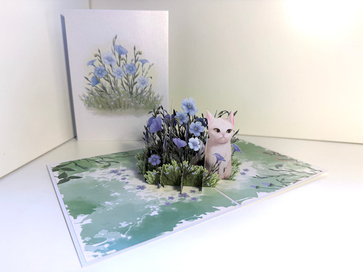 Wild Blue Flax Flower Garden with a White Cat Origami Pop Cards 3D Pop Up Greeting Card Best Wishes Happy Birthday Gift Thank You Handmade Best Wishes Blank Card for Any Occasion Happy Mother's Day Happy Father's Day Celebrate the Beauty Of Nature