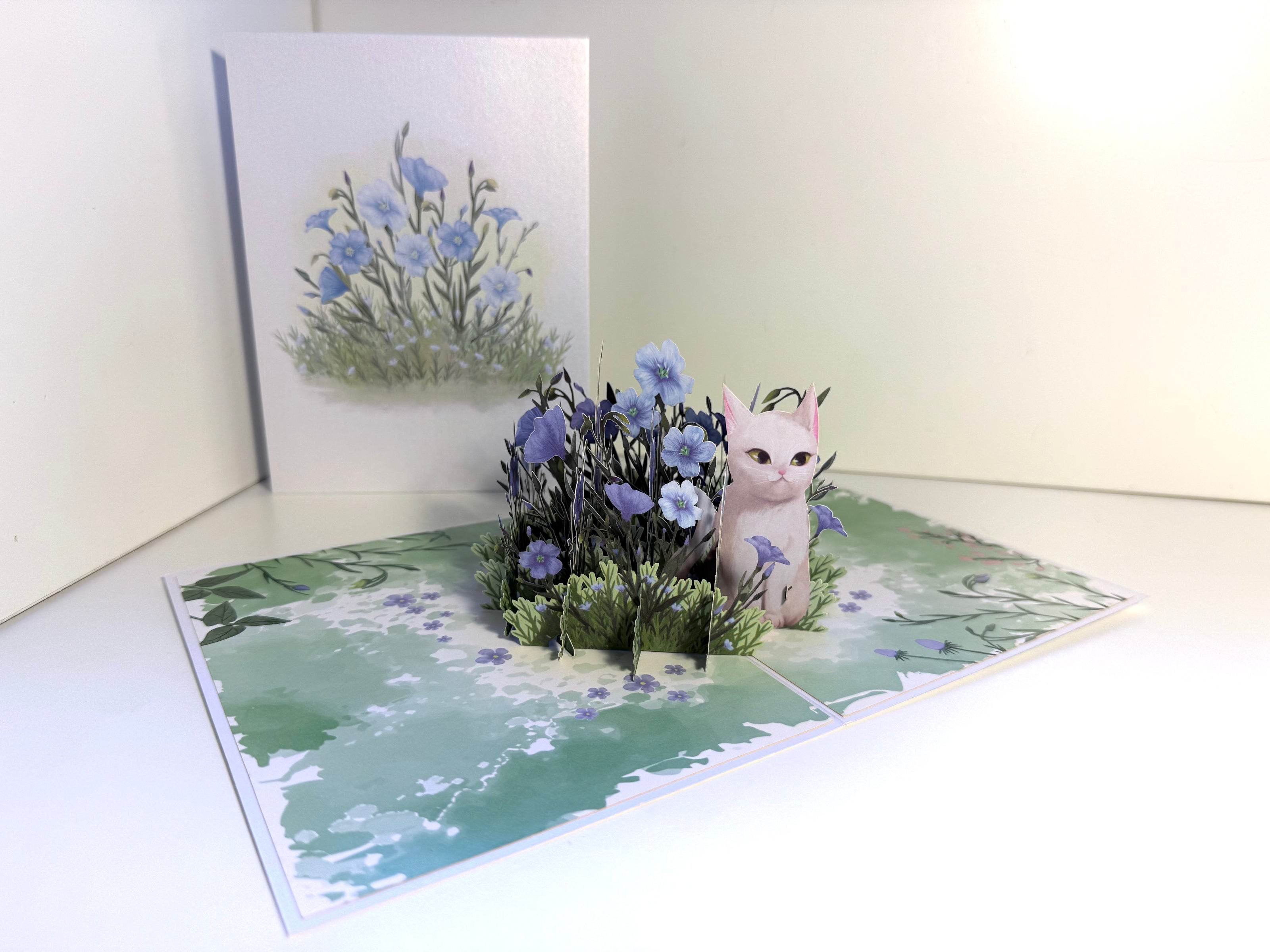 Wild Blue Flax Flower Garden with a White Cat Origami Pop Cards 3D Pop Up Greeting Card Best Wishes Happy Birthday Gift Thank You Handmade Best Wishes Blank Card for Any Occasion Happy Mother's Day Happy Father's Day Celebrate the Beauty Of Nature