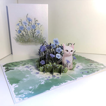 Wild Blue Flax Flower Garden with a White Cat Origami Pop Cards 3D Pop Up Greeting Card Best Wishes Happy Birthday Gift Thank You Handmade Best Wishes Blank Card for Any Occasion Happy Mother's Day Happy Father's Day Celebrate the Beauty Of Nature
