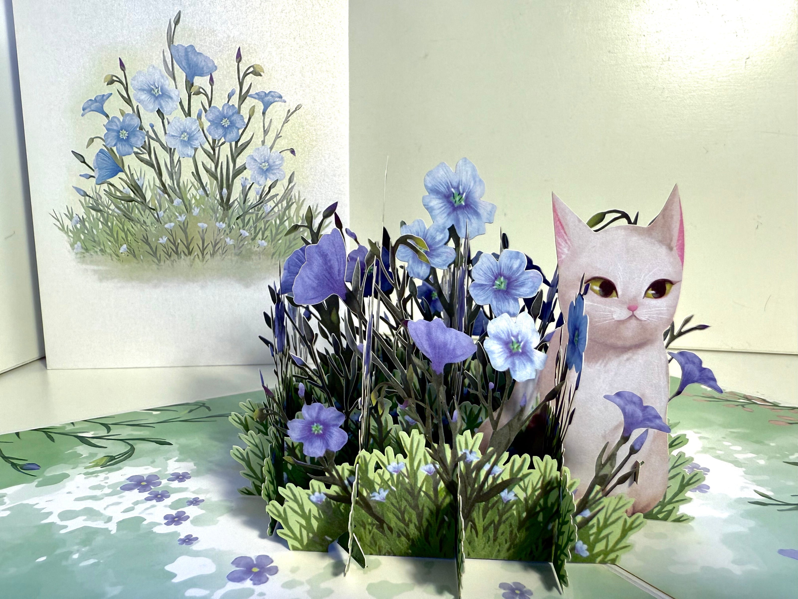 Wild Blue Flax Flower Garden with a White Cat Origami Pop Cards 3D Pop Up Greeting Card Best Wishes Happy Birthday Gift Thank You Handmade Best Wishes Blank Card for Any Occasion Happy Mother's Day Happy Father's Day Celebrate the Beauty Of Nature