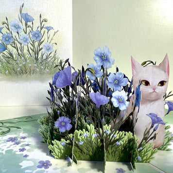Wild Blue Flax Flower Garden with a White Cat Origami Pop Cards 3D Pop Up Greeting Card Best Wishes Happy Birthday Gift Thank You Handmade Best Wishes Blank Card for Any Occasion Happy Mother's Day Happy Father's Day Celebrate the Beauty Of Nature