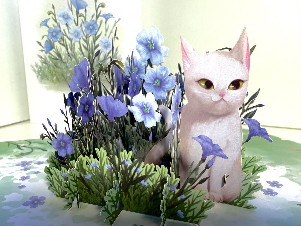 Wild Blue Flax Flower Garden with a White Cat Origami Pop Cards 3D Pop Up Greeting Card Best Wishes Happy Birthday Gift Thank You Handmade Best Wishes Blank Card for Any Occasion Happy Mother's Day Happy Father's Day Celebrate the Beauty Of Nature