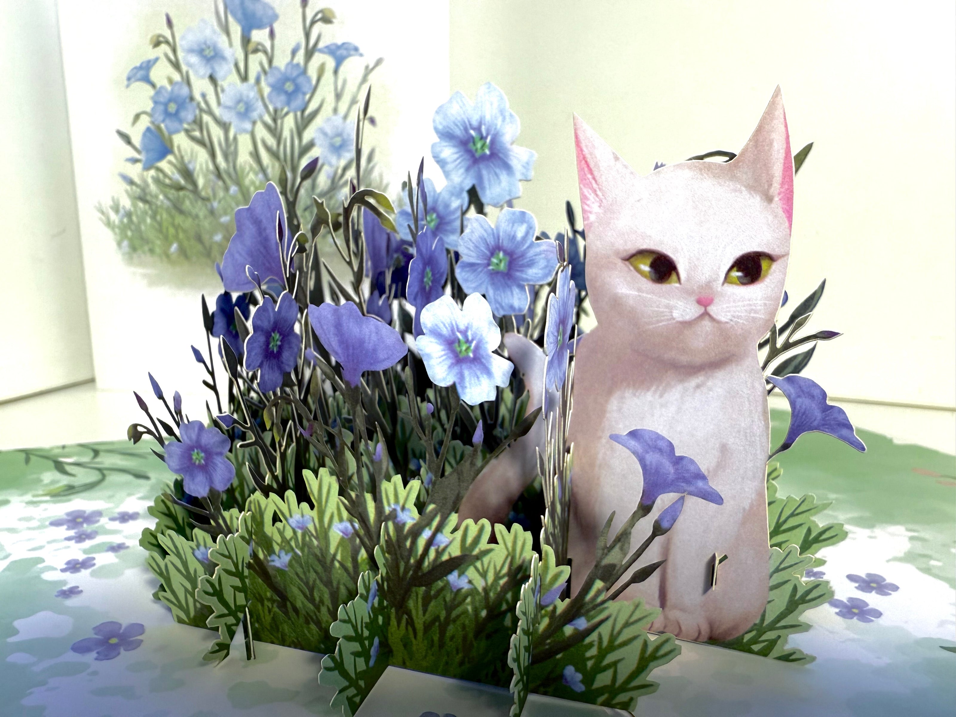 Wild Blue Flax Flower Garden with a White Cat Origami Pop Cards 3D Pop Up Greeting Card Best Wishes Happy Birthday Gift Thank You Handmade Best Wishes Blank Card for Any Occasion Happy Mother's Day Happy Father's Day Celebrate the Beauty Of Nature