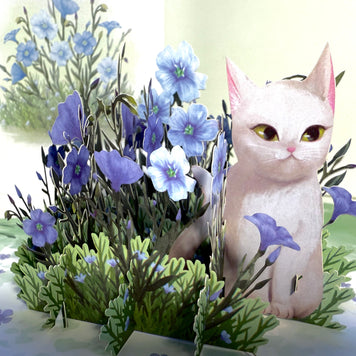 Wild Blue Flax Flower Garden with a White Cat Origami Pop Cards 3D Pop Up Greeting Card Best Wishes Happy Birthday Gift Thank You Handmade Best Wishes Blank Card for Any Occasion Happy Mother's Day Happy Father's Day Celebrate the Beauty Of Nature