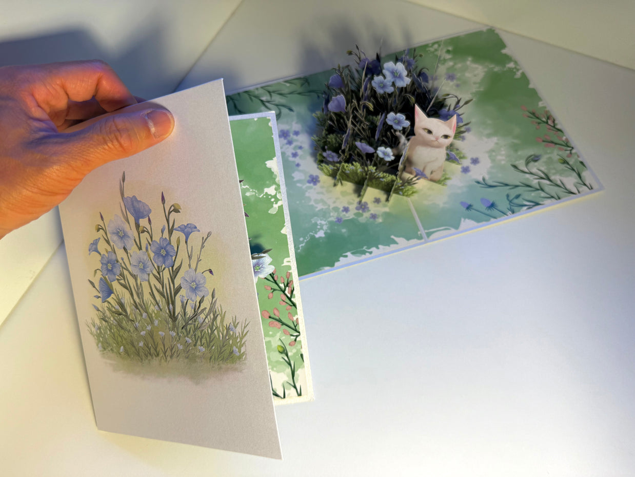 Wild Blue Flax Flower Garden with a White Cat Origami Pop Cards 3D Pop Up Greeting Card Best Wishes Happy Birthday Gift Thank You Handmade Best Wishes Blank Card for Any Occasion Happy Mother's Day Happy Father's Day Celebrate the Beauty Of Nature