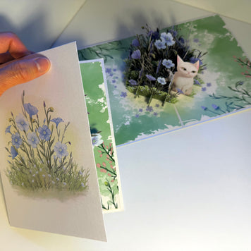 Wild Blue Flax Flower Garden with a White Cat Origami Pop Cards 3D Pop Up Greeting Card Best Wishes Happy Birthday Gift Thank You Handmade Best Wishes Blank Card for Any Occasion Happy Mother's Day Happy Father's Day Celebrate the Beauty Of Nature