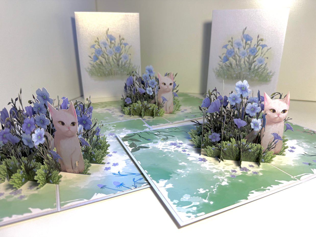 Wild Blue Flax Flower Garden with a White Cat Origami Pop Cards 3D Pop Up Greeting Card Best Wishes Happy Birthday Gift Thank You Handmade Best Wishes Blank Card for Any Occasion Happy Mother's Day Happy Father's Day Celebrate the Beauty Of Nature