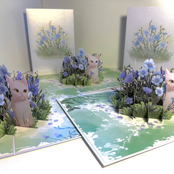 Wild Blue Flax Flower Garden with a White Cat Origami Pop Cards 3D Pop Up Greeting Card Best Wishes Happy Birthday Gift Thank You Handmade Best Wishes Blank Card for Any Occasion Happy Mother's Day Happy Father's Day Celebrate the Beauty Of Nature