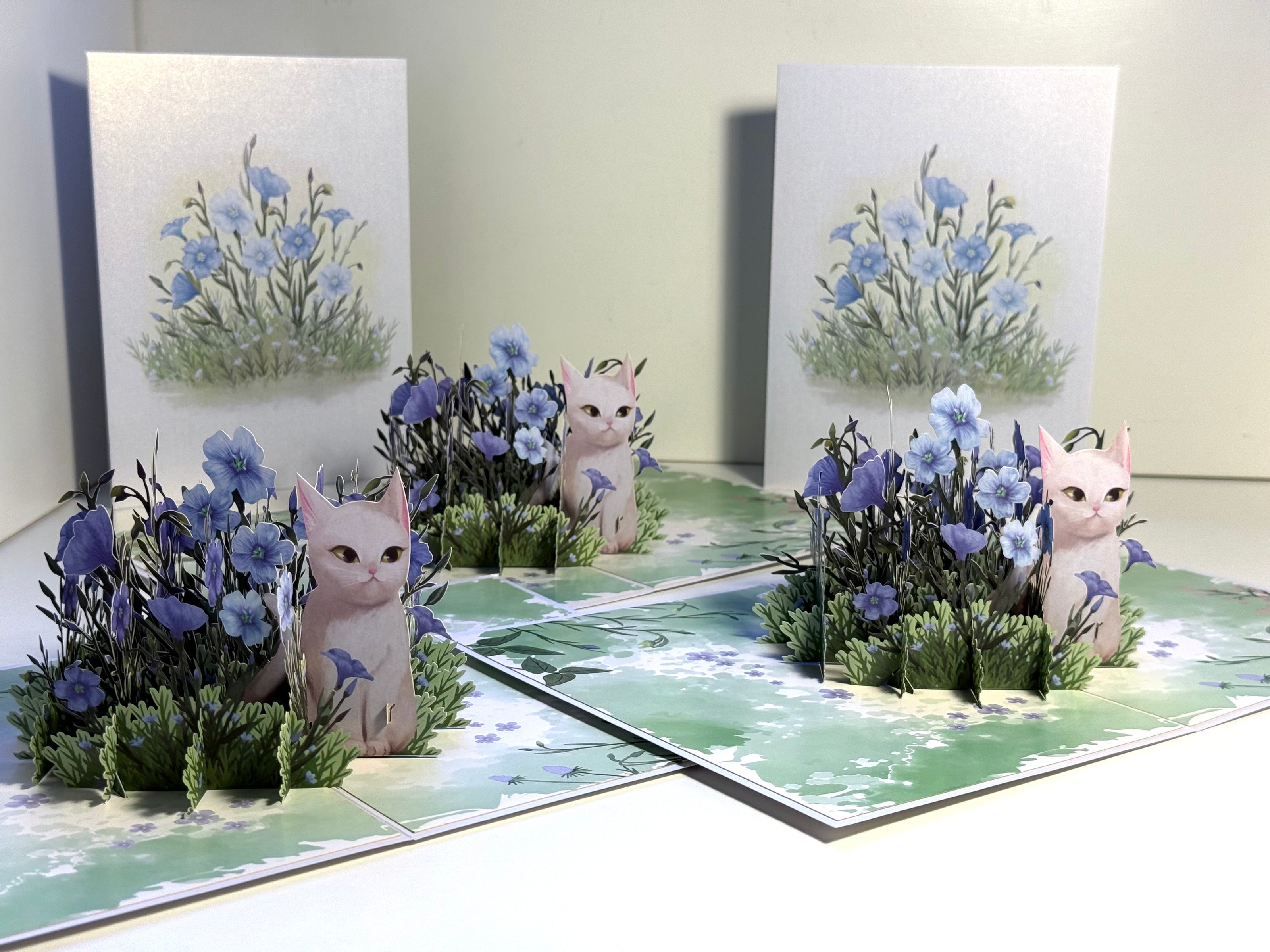 Wild Blue Flax Flower Garden with a White Cat Origami Pop Cards 3D Pop Up Greeting Card Best Wishes Happy Birthday Gift Thank You Handmade Best Wishes Blank Card for Any Occasion Happy Mother's Day Happy Father's Day Celebrate the Beauty Of Nature