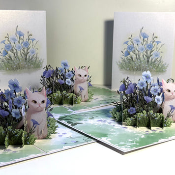 Wild Blue Flax Flower Garden with a White Cat Origami Pop Cards 3D Pop Up Greeting Card Best Wishes Happy Birthday Gift Thank You Handmade Best Wishes Blank Card for Any Occasion Happy Mother's Day Happy Father's Day Celebrate the Beauty Of Nature