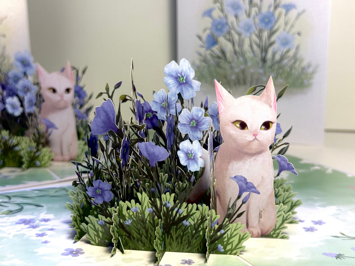 Wild Blue Flax Flower Garden with a White Cat Origami Pop Cards 3D Pop Up Greeting Card Best Wishes Happy Birthday Gift Thank You Handmade Best Wishes Blank Card for Any Occasion Happy Mother's Day Happy Father's Day Celebrate the Beauty Of Nature