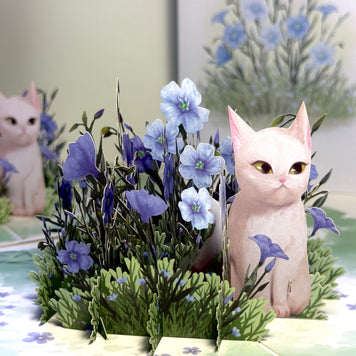 Wild Blue Flax Flower Garden with a White Cat Origami Pop Cards 3D Pop Up Greeting Card Best Wishes Happy Birthday Gift Thank You Handmade Best Wishes Blank Card for Any Occasion Happy Mother's Day Happy Father's Day Celebrate the Beauty Of Nature