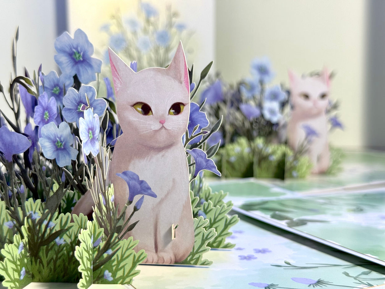 Wild Blue Flax Flower Garden with a White Cat Origami Pop Cards 3D Pop Up Greeting Card Best Wishes Happy Birthday Gift Thank You Handmade Best Wishes Blank Card for Any Occasion Happy Mother's Day Happy Father's Day Celebrate the Beauty Of Nature