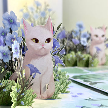 Wild Blue Flax Flower Garden with a White Cat Origami Pop Cards 3D Pop Up Greeting Card Best Wishes Happy Birthday Gift Thank You Handmade Best Wishes Blank Card for Any Occasion Happy Mother's Day Happy Father's Day Celebrate the Beauty Of Nature