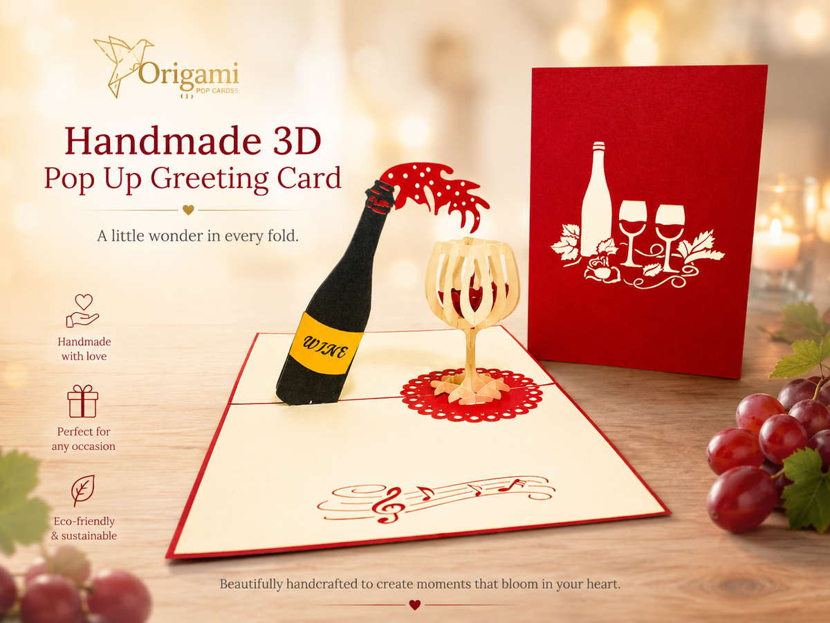 Wine Bottle and Glass Origami Pop Cards 3D Pop Up Greeting Card Thank You Handmade Gift Thinking of You Happy Birthday Occasion Australiana Celebrate the Beauty and Happiness During Special Day Best Wishes Gift Perfect for