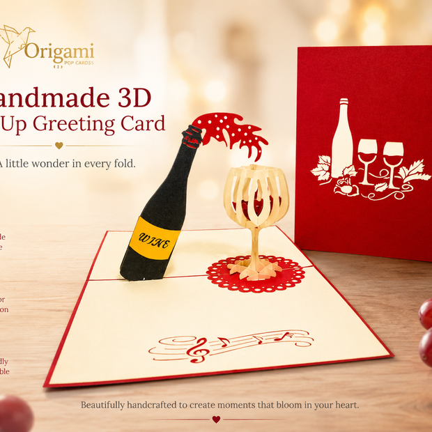 Wine Bottle and Glass Origami Pop Cards 3D Pop Up Greeting Card Thank You Handmade Gift Thinking of You Happy Birthday Occasion Australiana Celebrate the Beauty and Happiness During Special Day Best Wishes Gift Perfect for