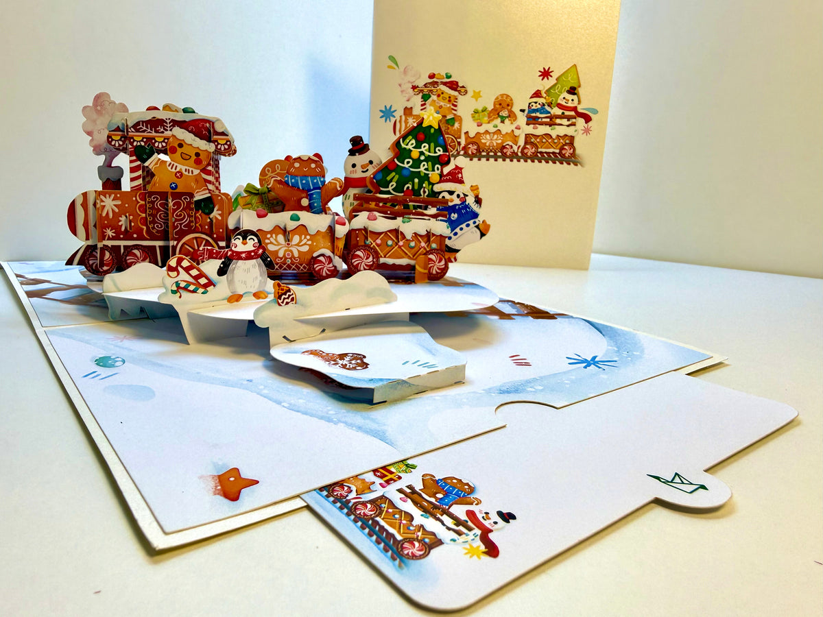 Winter Christmas Gingerbread Man Train Figurines – 3D Pop-Up Greeting Card 🎄🚂🍪 Merry Christmas Thank You Handmade Best Wishes Blank Card Gift Happy Holidays Celebrate the Special Day