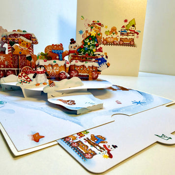 Winter Christmas Gingerbread Man Train Figurines – 3D Pop-Up Greeting Card 🎄🚂🍪 Merry Christmas Thank You Handmade Best Wishes Blank Card Gift Happy Holidays Celebrate the Special Day