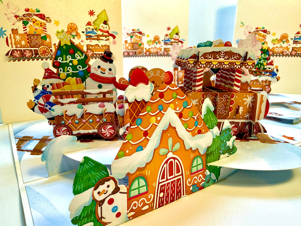 Winter Christmas Gingerbread Man Train Figurines – 3D Pop-Up Greeting Card 🎄🚂🍪 Merry Christmas Thank You Handmade Best Wishes Blank Card Gift Happy Holidays Celebrate the Special Day