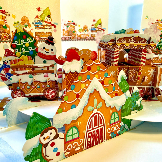Winter Christmas Gingerbread Man Train Figurines – 3D Pop-Up Greeting Card 🎄🚂🍪 Merry Christmas Thank You Handmade Best Wishes Blank Card Gift Happy Holidays Celebrate the Special Day
