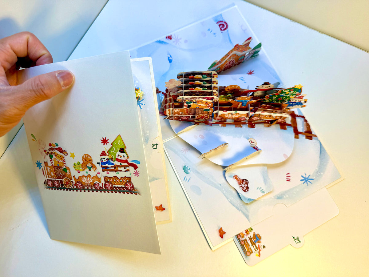 Winter Christmas Gingerbread Man Train Figurines – 3D Pop-Up Greeting Card 🎄🚂🍪 Merry Christmas Thank You Handmade Best Wishes Blank Card Gift Happy Holidays Celebrate the Special Day
