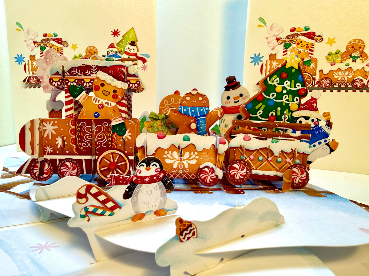 Winter Christmas Gingerbread Man Train Figurines – 3D Pop-Up Greeting Card 🎄🚂🍪 Merry Christmas Thank You Handmade Best Wishes Blank Card Gift Happy Holidays Celebrate the Special Day