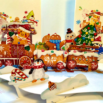 Winter Christmas Gingerbread Man Train Figurines – 3D Pop-Up Greeting Card 🎄🚂🍪 Merry Christmas Thank You Handmade Best Wishes Blank Card Gift Happy Holidays Celebrate the Special Day