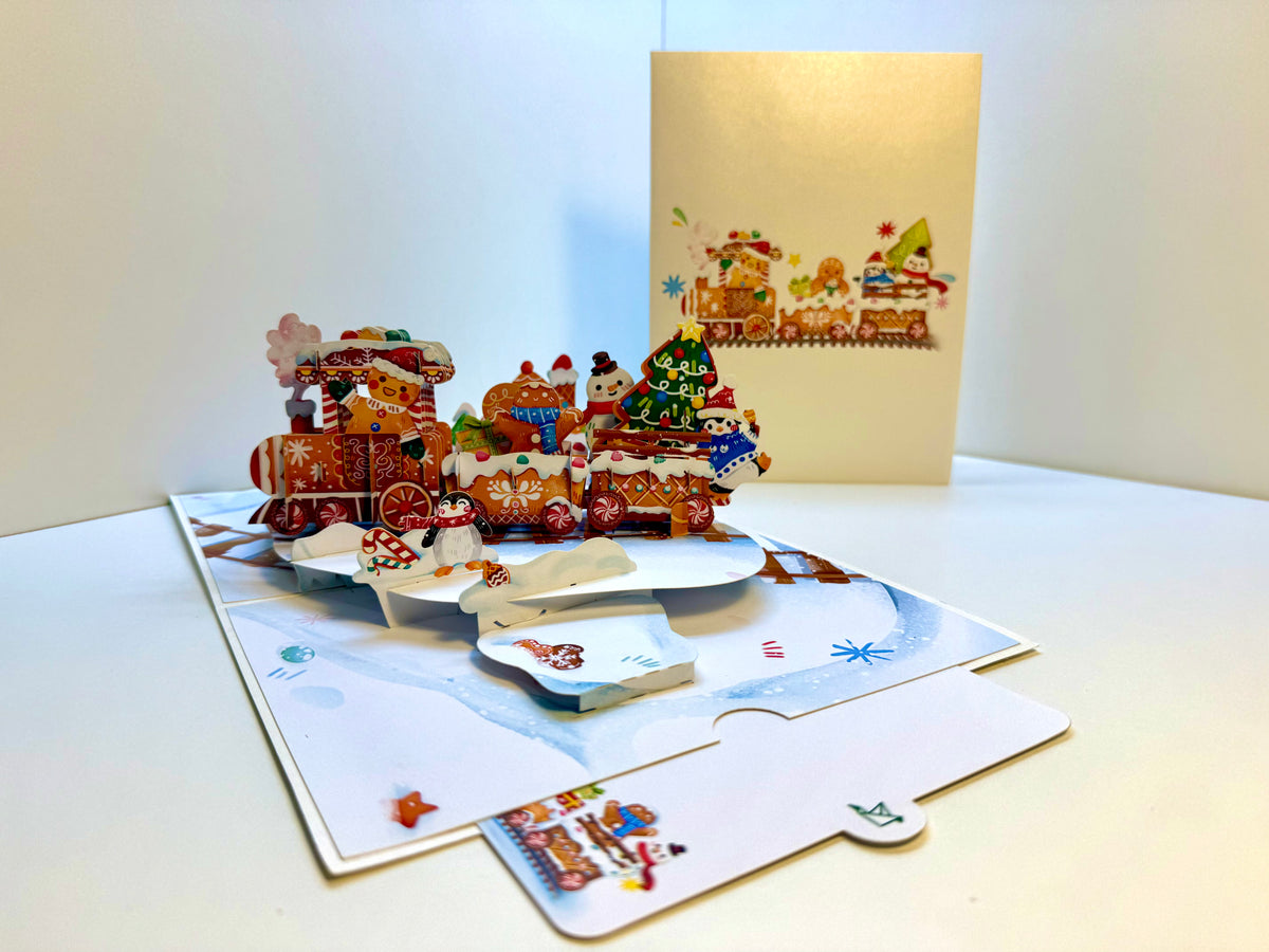 Winter Christmas Gingerbread Man Train Figurines – 3D Pop-Up Greeting Card 🎄🚂🍪 Merry Christmas Thank You Handmade Best Wishes Blank Card Gift Happy Holidays Celebrate the Special Day