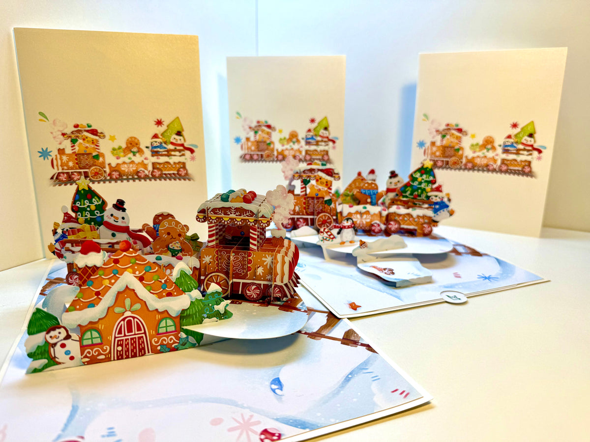 Winter Christmas Gingerbread Man Train Figurines – 3D Pop-Up Greeting Card 🎄🚂🍪 Merry Christmas Thank You Handmade Best Wishes Blank Card Gift Happy Holidays Celebrate the Special Day