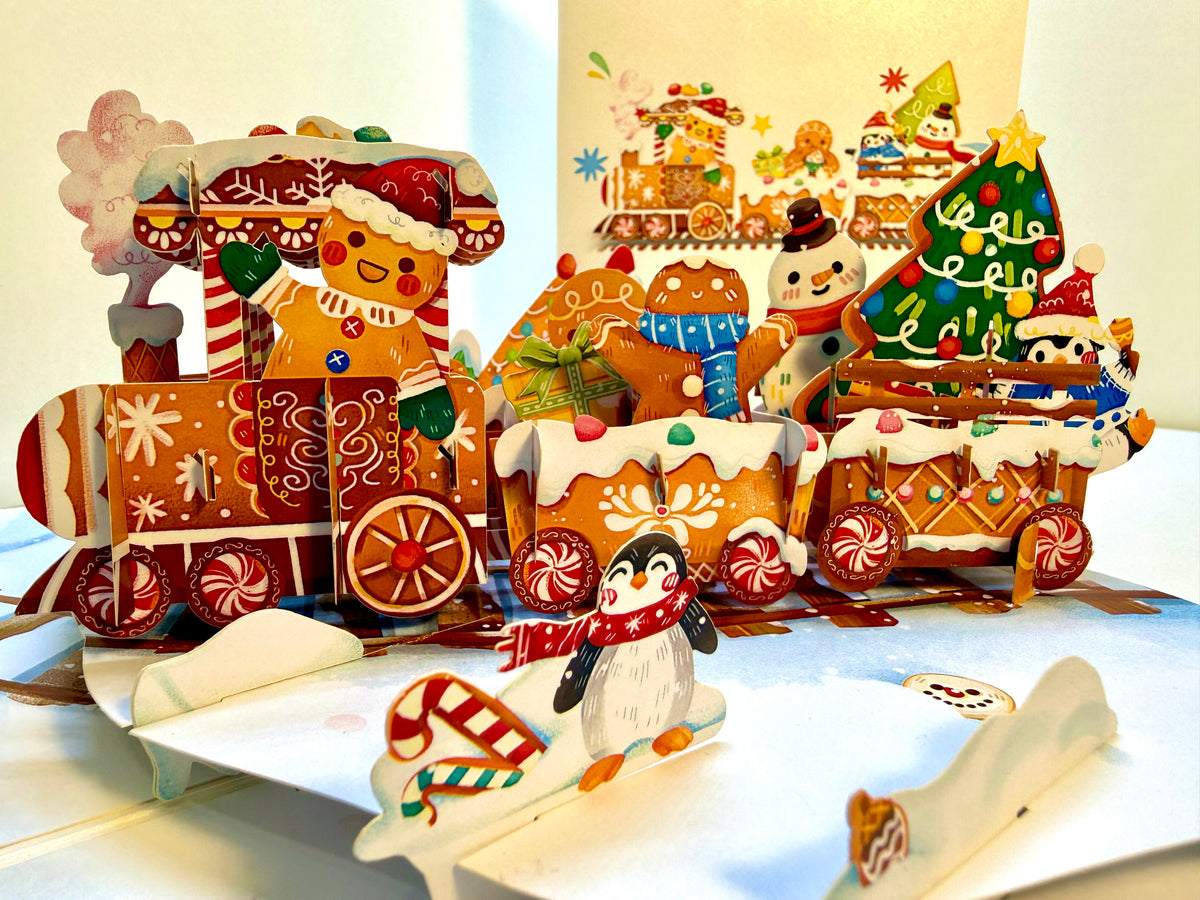Winter Christmas Gingerbread Man Train Figurines – 3D Pop-Up Greeting Card 🎄🚂🍪 Merry Christmas Thank You Handmade Best Wishes Blank Card Gift Happy Holidays Celebrate the Special Day