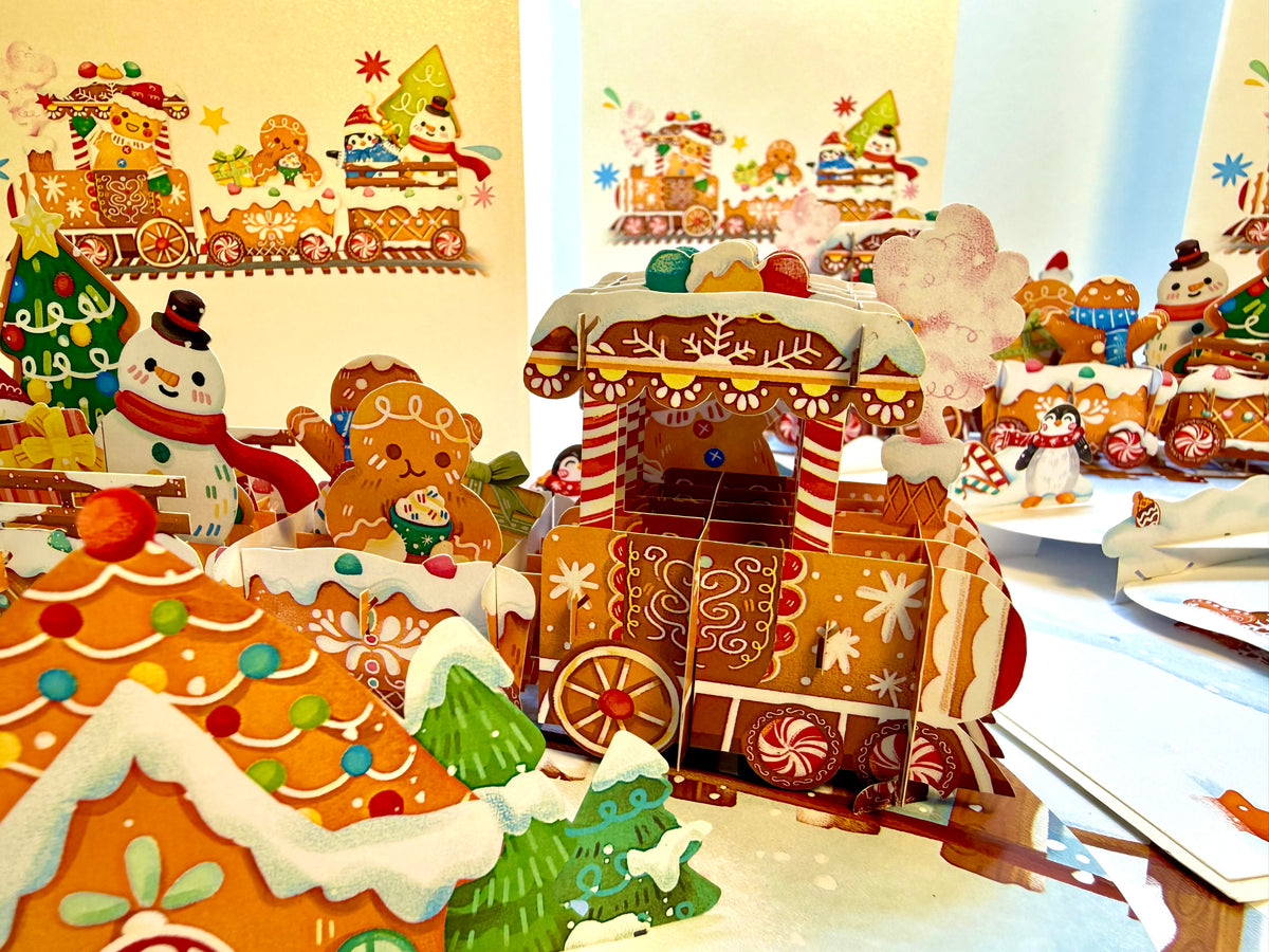 Winter Christmas Gingerbread Man Train Figurines – 3D Pop-Up Greeting Card 🎄🚂🍪 Merry Christmas Thank You Handmade Best Wishes Blank Card Gift Happy Holidays Celebrate the Special Day