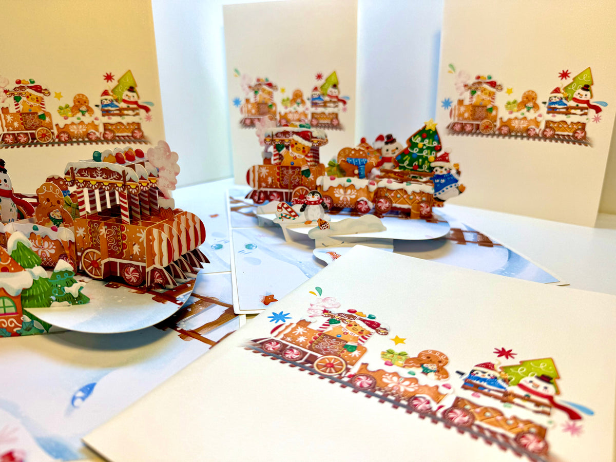 Winter Christmas Gingerbread Man Train Figurines – 3D Pop-Up Greeting Card 🎄🚂🍪 Merry Christmas Thank You Handmade Best Wishes Blank Card Gift Happy Holidays Celebrate the Special Day