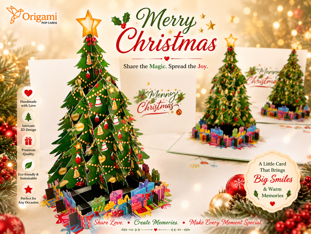 Winter Christmas Tree Origami Pop Cards 3D Pop Up Greeting Card Merry Christmas Thank You Handmade Best Wishes Blank Card Gift Happy Holidays Celebrate the Special Day