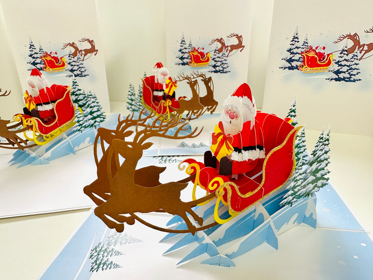 Winter Santa Sleigh and Reindeer Origami Pop Cards 3D Pop Up Greeting Card Merry Christmas Thank You Handmade Best Wishes Blank Card Gift Happy Holidays Celebrate the Special Day Moment with Family and Friends