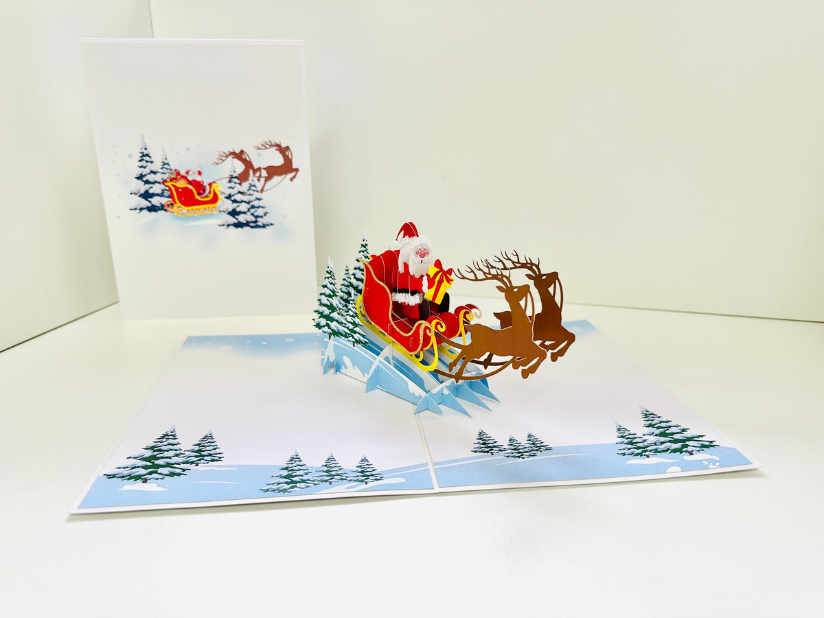 Winter Santa Sleigh and Reindeer Origami Pop Cards 3D Pop Up Greeting Card Merry Christmas Thank You Handmade Best Wishes Blank Card Gift Happy Holidays Celebrate the Special Day Moment with Family and Friends
