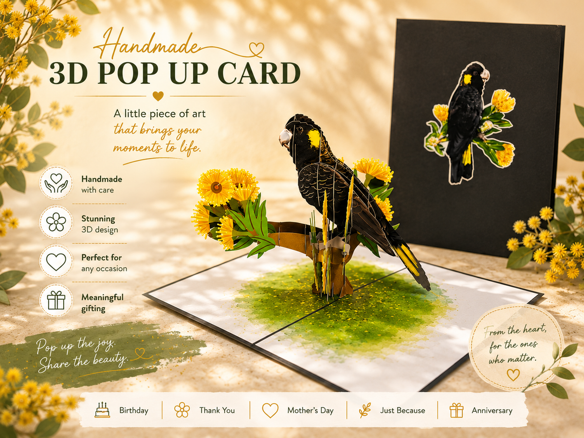 Yellow-Tailed Black Cockatoo with Golden Gum Blossoms - Australian Bird Origami Pop Cards 3D Pop Up Greeting Card Happy Birthday Thank You Handmade Gift Thinking of You Blank Card for Any Occasion Happy Mother's Day Happy Father's Australiana Birds