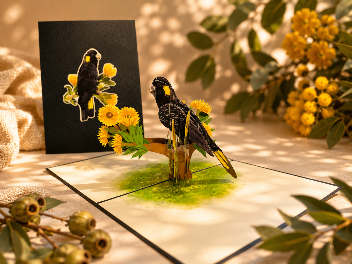 Yellow-Tailed Black Cockatoo with Golden Gum Blossoms - Australian Bird Origami Pop Cards 3D Pop Up Greeting Card Happy Birthday Thank You Handmade Gift Thinking of You Blank Card for Any Occasion Happy Mother's Day Happy Father's Australiana Birds