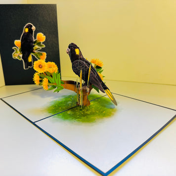 Yellow-Tailed Black Cockatoo with Golden Gum Blossoms - Australian Bird Origami Pop Cards 3D Pop Up Greeting Card Happy Birthday Thank You Handmade Gift Thinking of You Blank Card for Any Occasion Happy Mother's Day Happy Father's Australiana Birds
