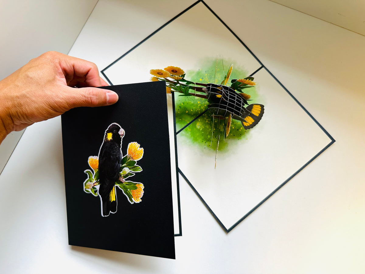 Yellow-Tailed Black Cockatoo with Golden Gum Blossoms - Australian Bird Origami Pop Cards 3D Pop Up Greeting Card Happy Birthday Thank You Handmade Gift Thinking of You Blank Card for Any Occasion Happy Mother's Day Happy Father's Australiana Birds