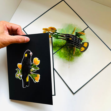 Yellow-Tailed Black Cockatoo with Golden Gum Blossoms - Australian Bird Origami Pop Cards 3D Pop Up Greeting Card Happy Birthday Thank You Handmade Gift Thinking of You Blank Card for Any Occasion Happy Mother's Day Happy Father's Australiana Birds